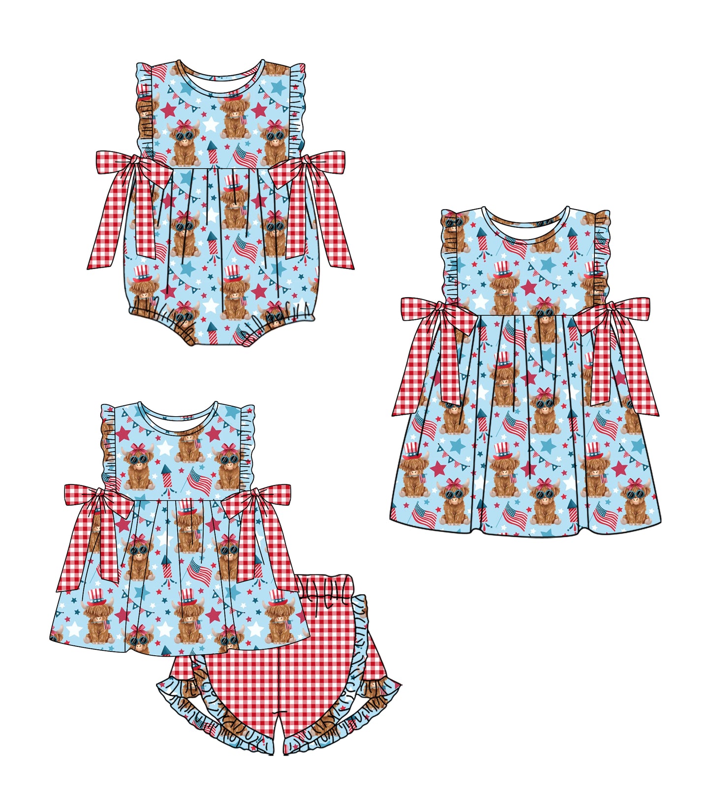 ( Moq 5 Each Style ) Baby Girls Kids Cow Flags Bows Sibling 4th of July Romper Dress Set