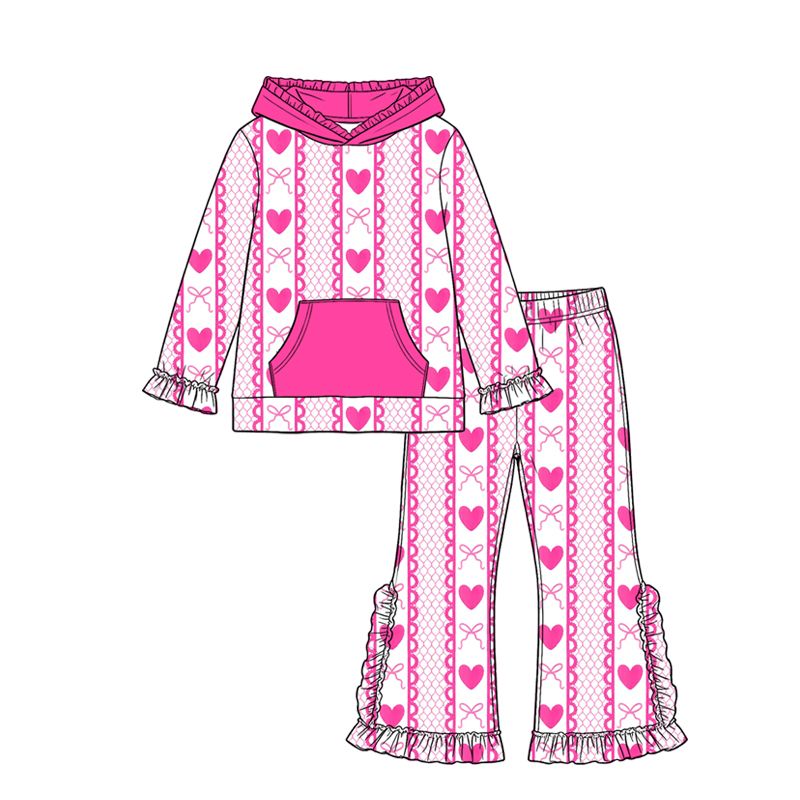( Moq 5 ) Preorder Baby Girls Kids Hearts Bows Pocket Hoodie Zipper Shirt Pants Valentine Pink Set Clothes