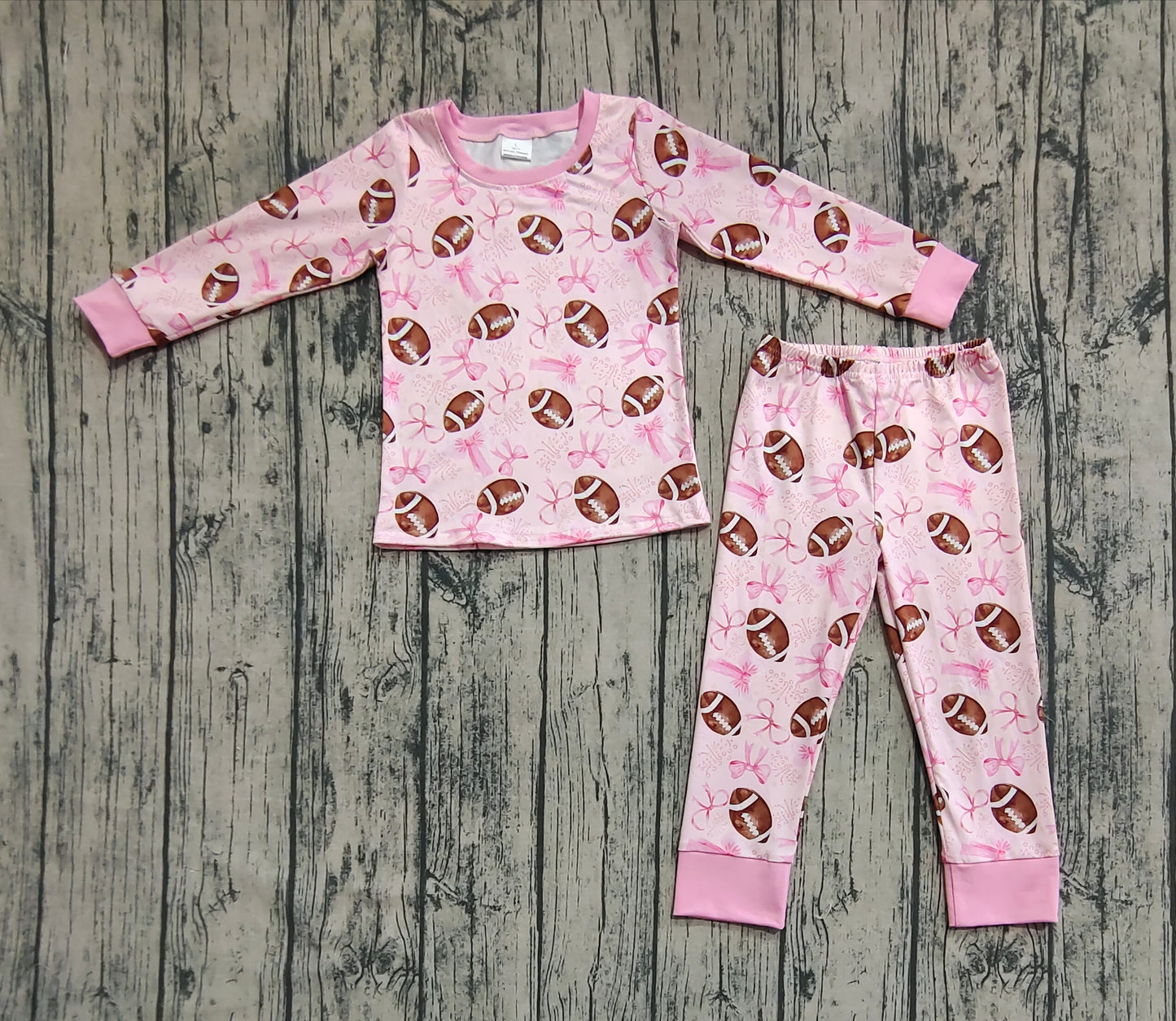 Baby Girl Long Sleeves Football Bows Shirt Pants Pajamas Pink Set RTS