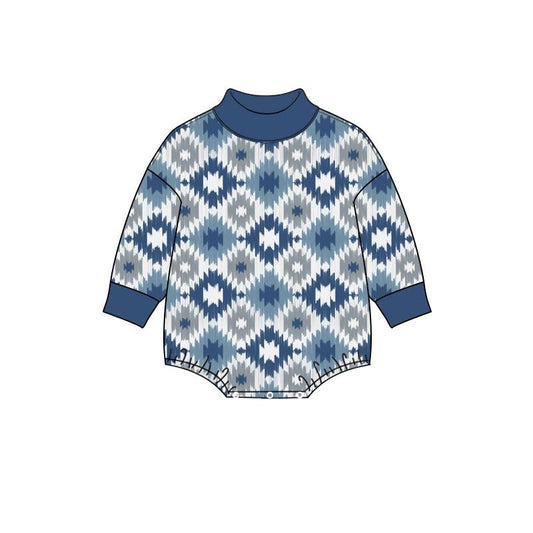 ( Moq 5 ) Preorder Baby Boys Long Sleeves Western Aztec Bubble Romper Mock Neck Blue Clothes