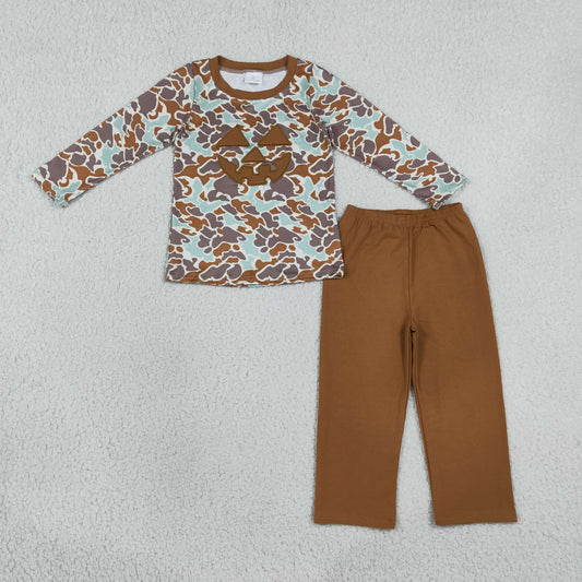 Baby Boy Camo Embroidery Halloween Face Shirt Brown Pants Clothes Set RTS