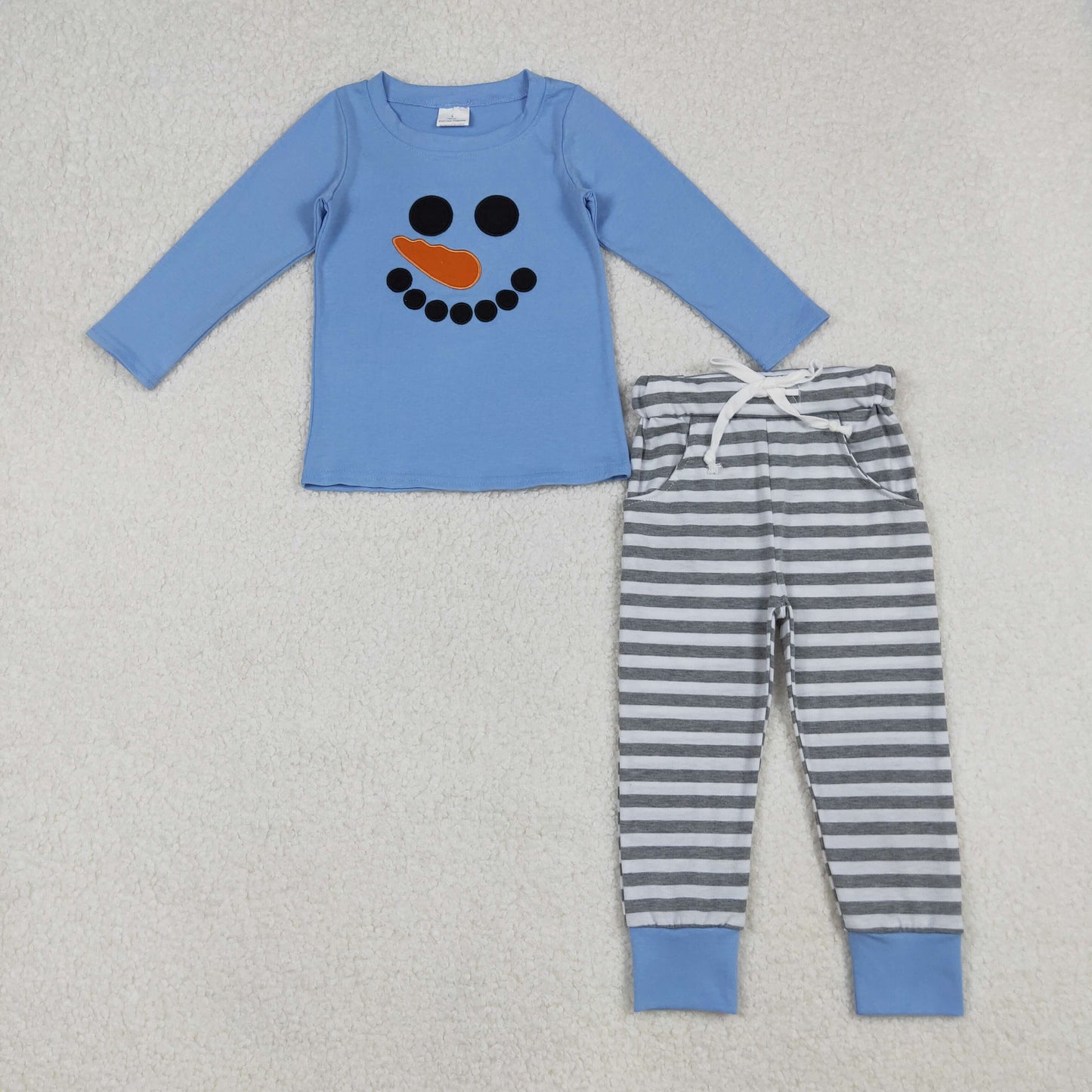 Baby Boy Long Sleeves Embroidery Christmas Snowman Blue Shirt Stripes Pants Outfit RTS