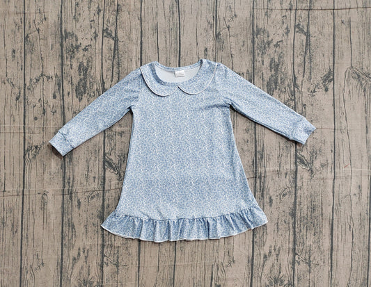 ( No moq ) Preorder Baby Girls Long Sleeves Blue Floral Ruffle Knee Length Dress