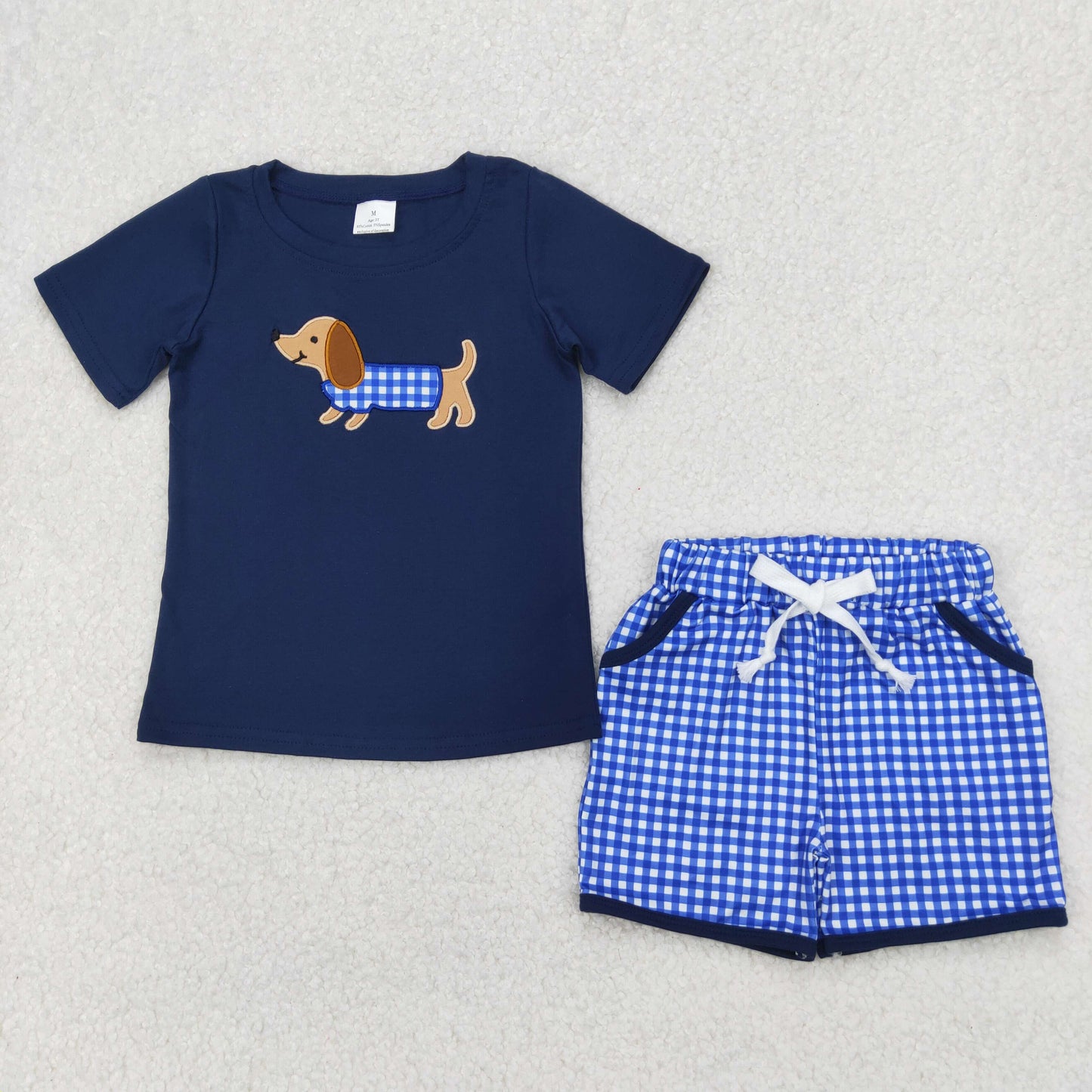 Baby Boy Short Sleeves Embroidery Dog Navy Shirt Checked Pockets Shorts Clothes Set RTS