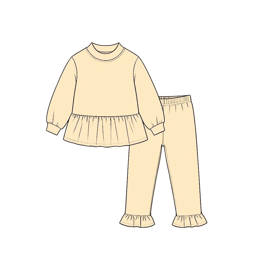 ( Moq 5 ) Preorder Baby Girls Kids Long Sleeves Ruffle Tops Pants Yellow Set Cotton Clothes