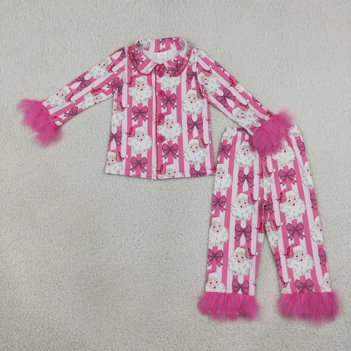 Baby Girls Kids Fur Christmas Santa Bows Stripes Buttons Shirt Pants Fall Pajamas Set Clothes RTS