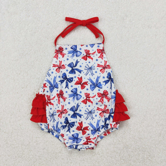 Baby Girl Infant July 4th Bows Halter Ruffle Bubble Romper RTS