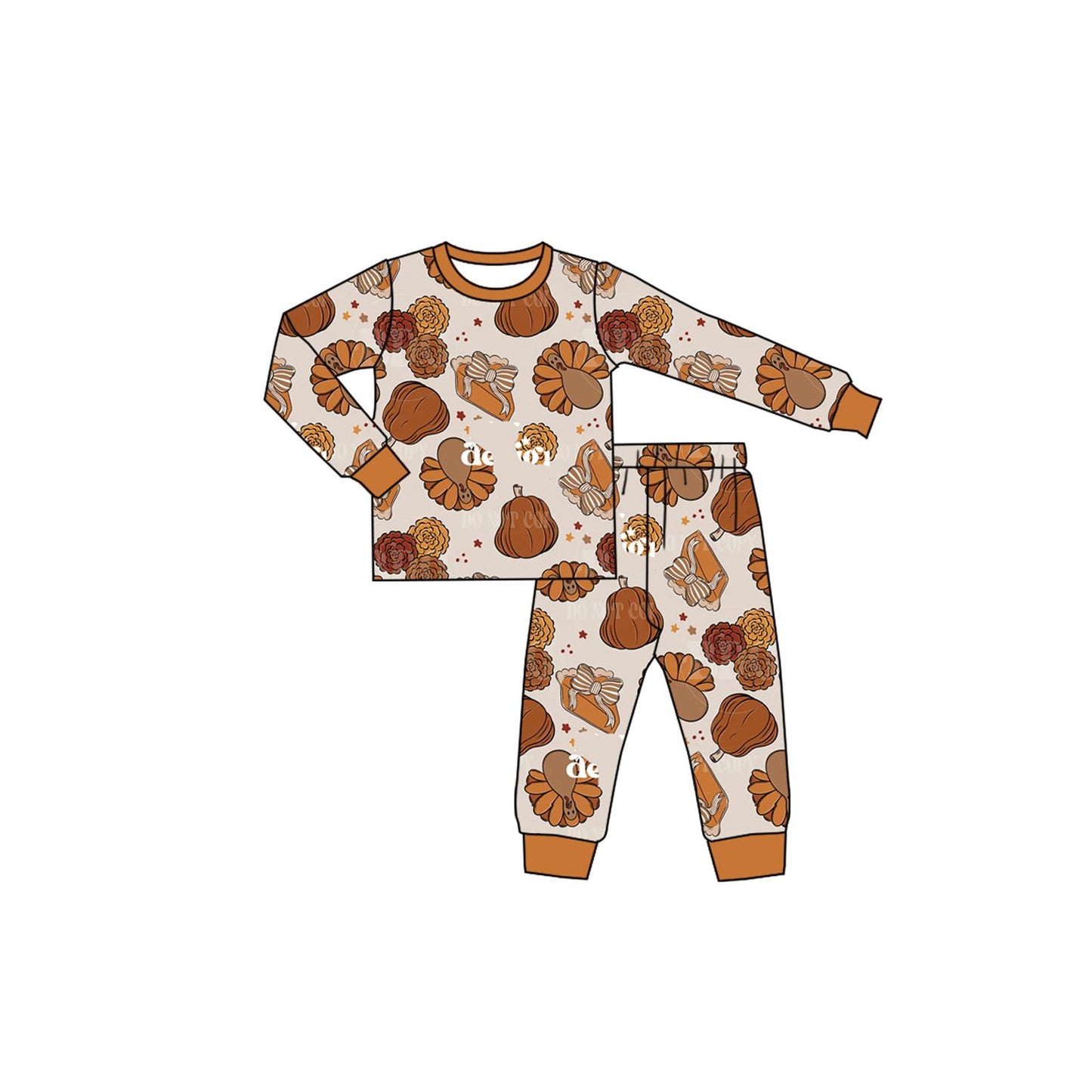 ( Moq 5 ) Preorder Baby Girls Kids turkey Pumpkins Bows Shirt Pants Thanksgiving Set Pajamas Clothes