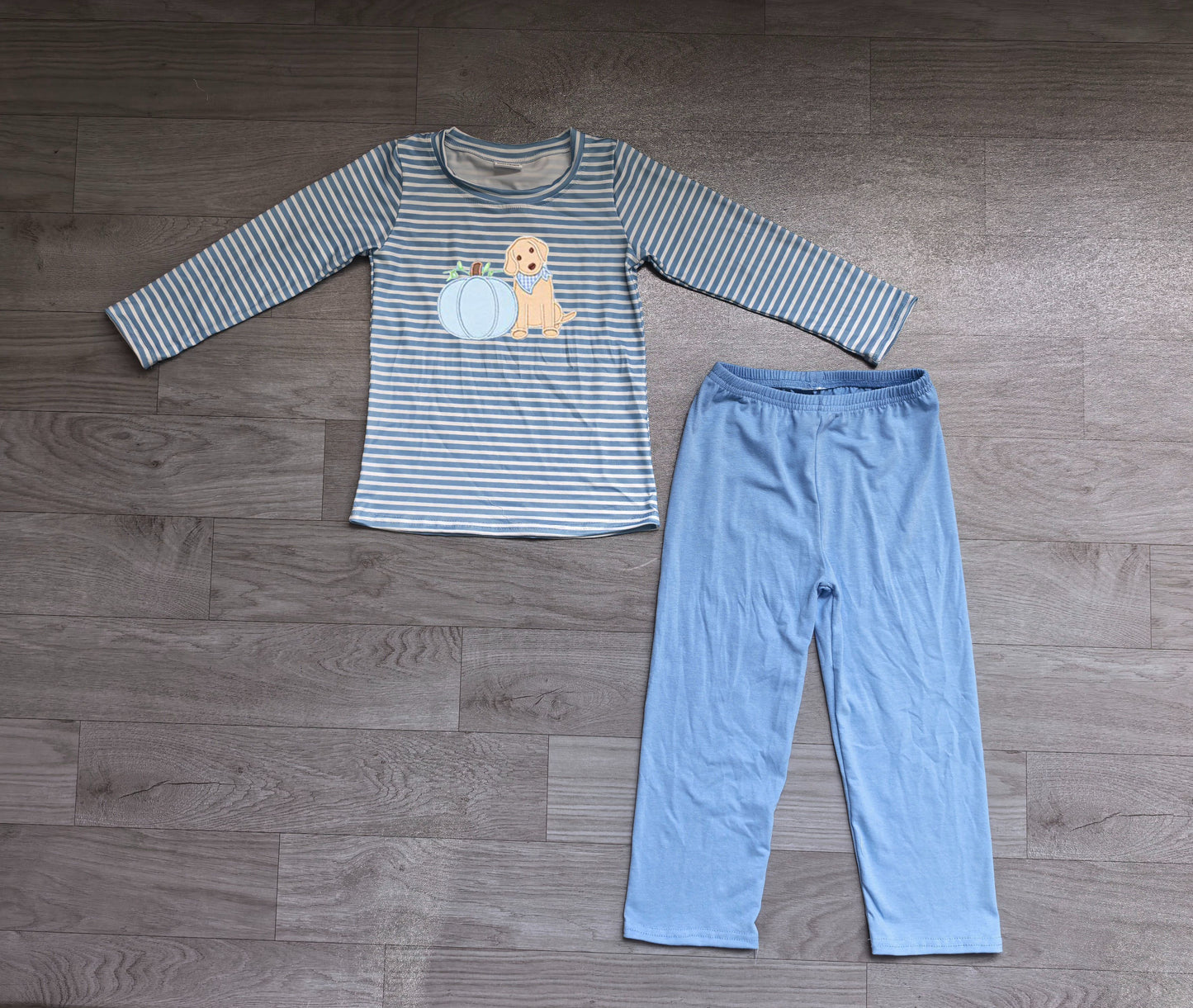 ( No moq ) Preorder Baby Boys Kids Embroidery Pumpkin Dog Shirt Blue Pants Set Fall Clothes