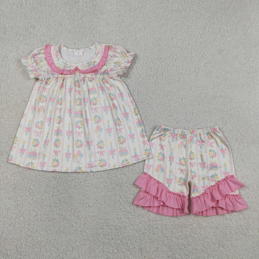 Baby Girls Kids Short Sleeves Flower Bows Tunic Ruffle Shorts Birthday Set Clothes RTS