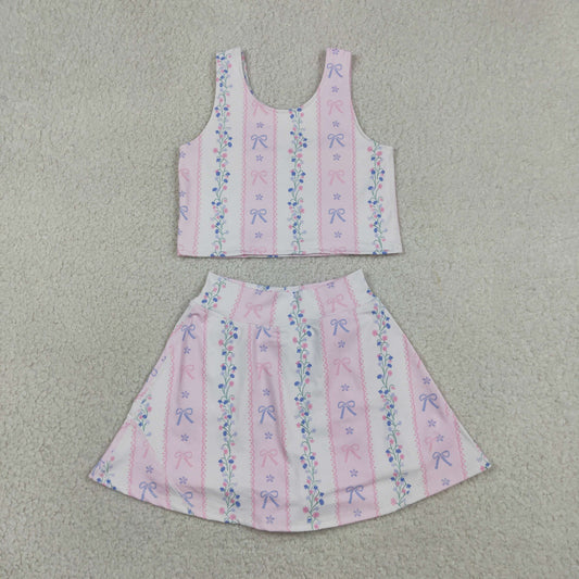 Baby Girl Sleeveless Bows Floral Tops Shorts Skort Yoga Active Wear Set RTS