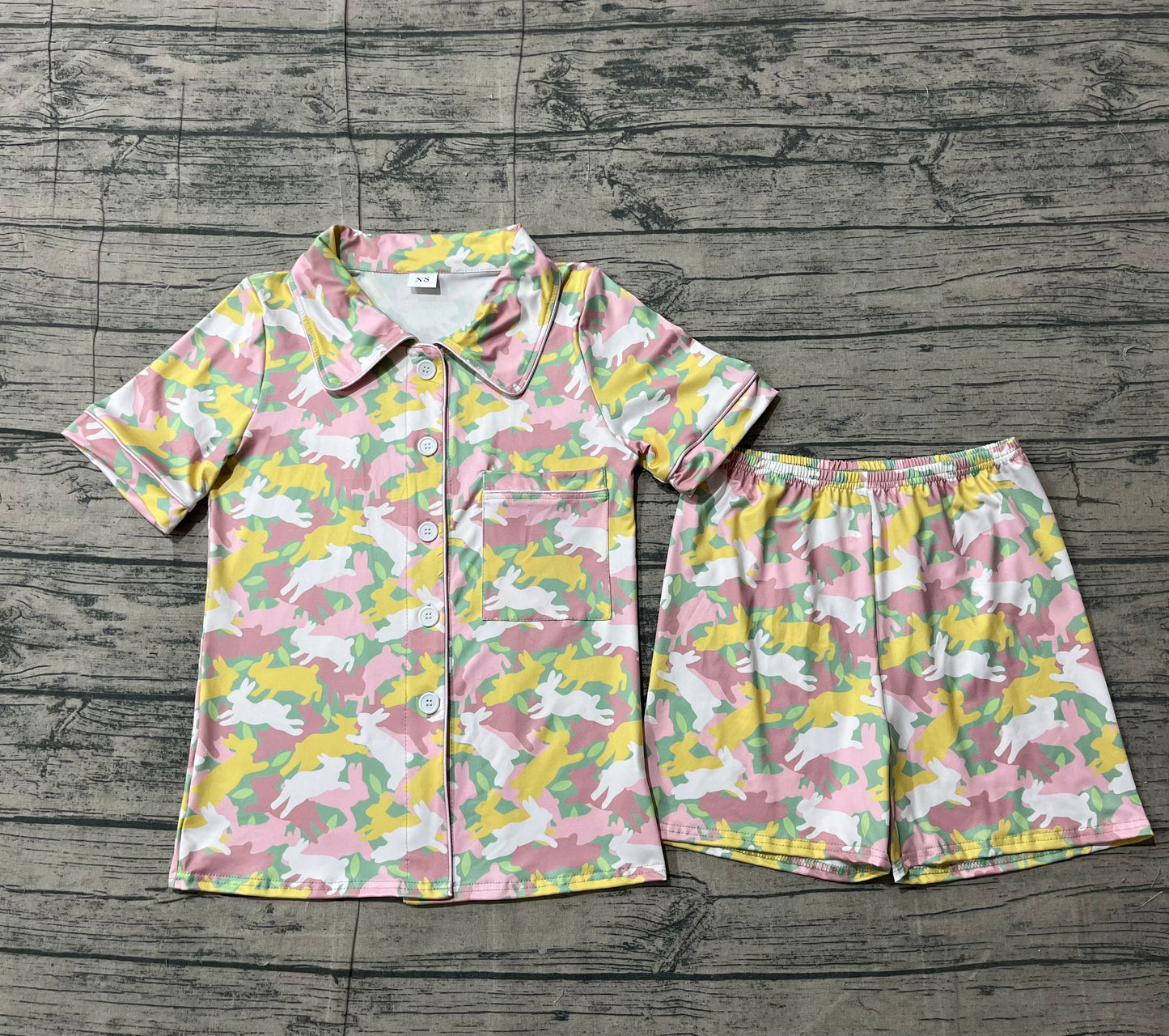 Adult Women Short Sleeves Rabbits Camo Shirt Short Easter Pajamas Buttons Set RTS