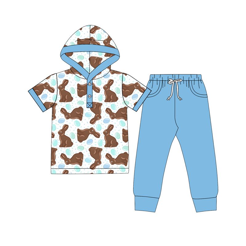 ( Moq 5 ) Preorder Baby Boys Kids Rabbits Eggs Hoodie Shirt Blue Pocket Pants Easter Set Clothes