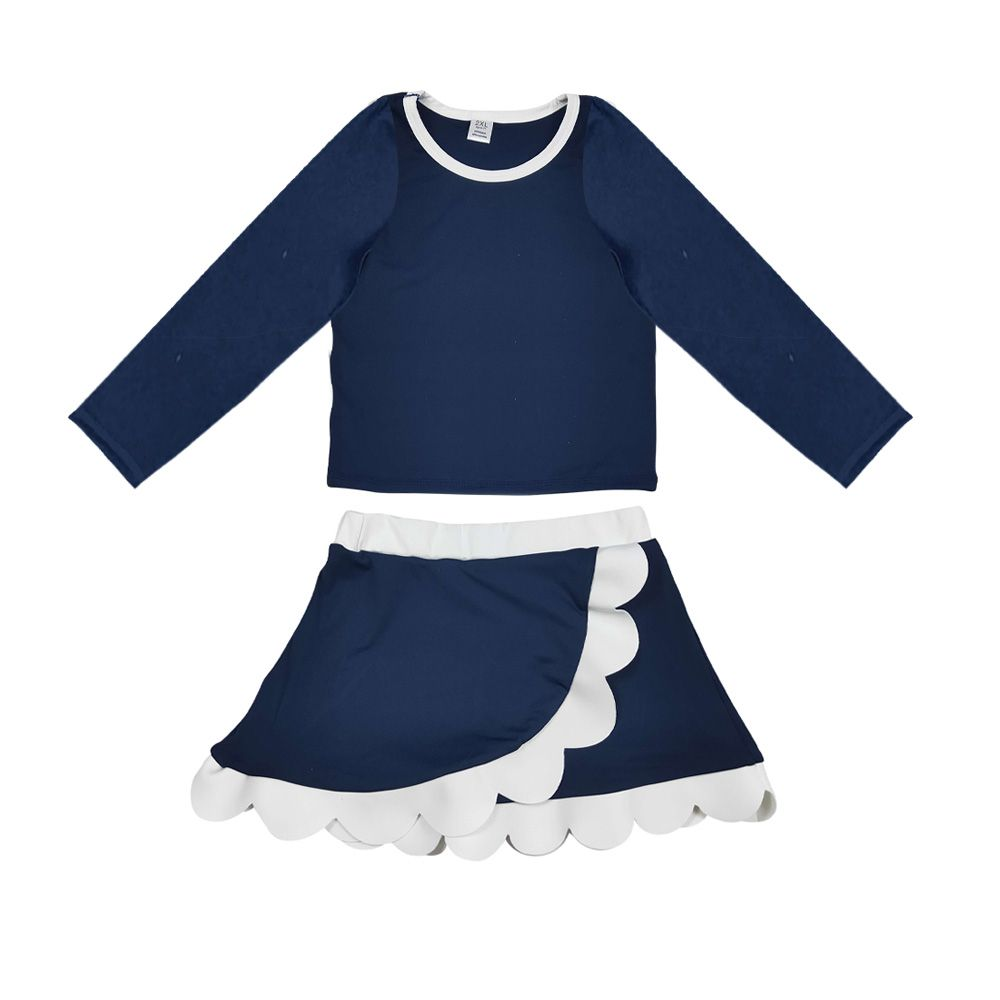 ( Moq 5 ) Preorder Baby Girls Kids Navy Shirt Scalloped Skirt Shorts Set Yoga Active Clothes