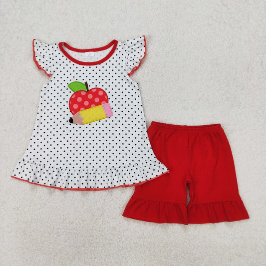 Baby Girl Back To School Embroidery Apple Pencel Tops Shorts Clothes Set RTS