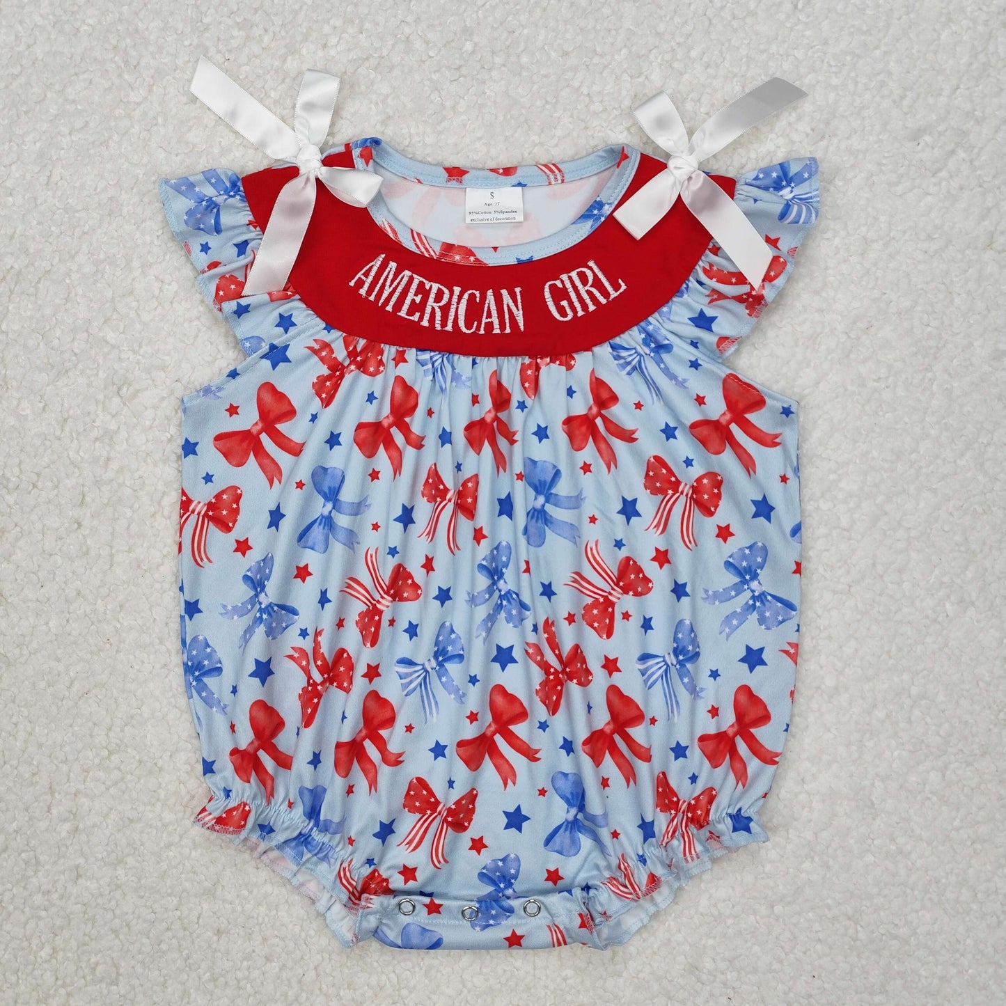 Baby Girl Infant Short Sleeves Bows Embroidery July 4th Bubble Romper RTS