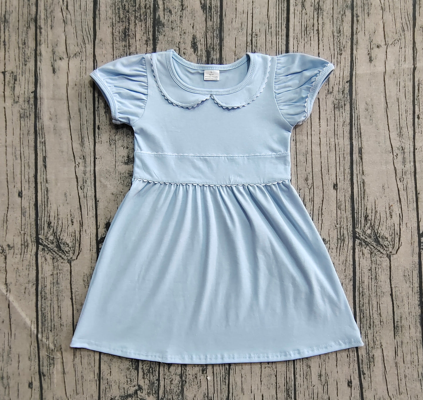 Baby Girl Short Ruffle Sleeves Blue Cotton Knee Length Dress RTS