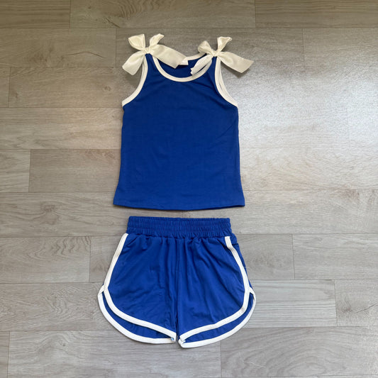 ( No moq ) Preorder Baby Girls Kids White Bows Shirt Shorts Blue Set Summer Clothes