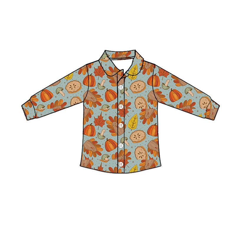 ( Moq 5 ) Preorder Baby Boys Kids Long Sleeves turkey Pumpkins Thanksgiving Buttons Shirt Tops