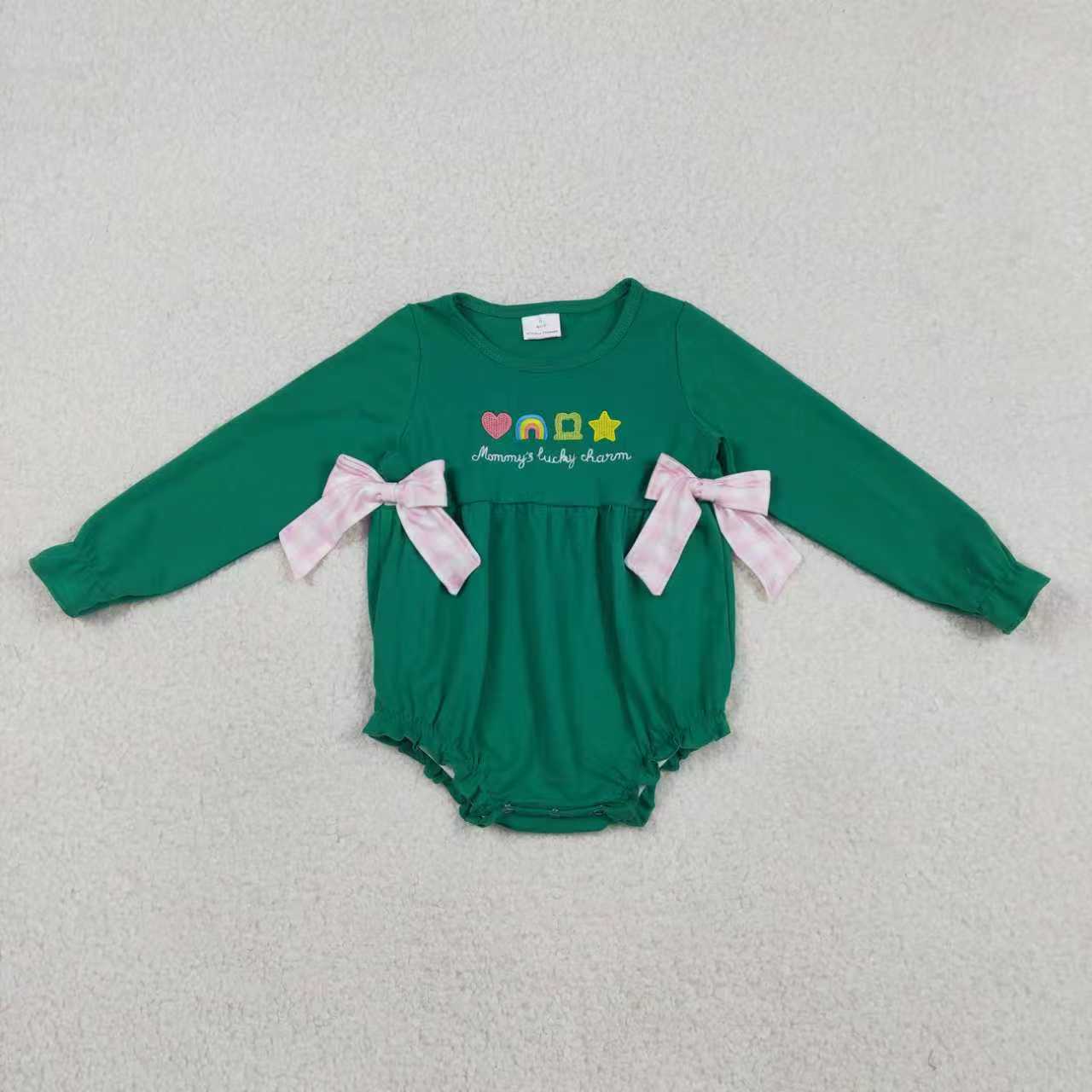 Sibling Baby Girls Green Long Sleeves Embroidery Clovers Bows Green Romper St Patrick Set RTS