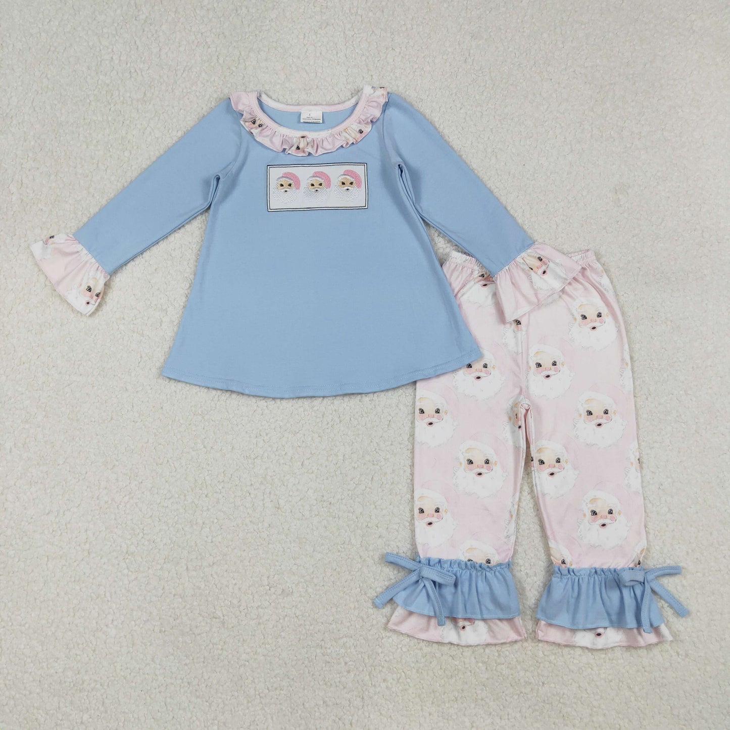 Sibling Girls Boys Kids Blue Long Sleeves Christmas Embroidery Santa Tops Pants Clothes Set RTS
