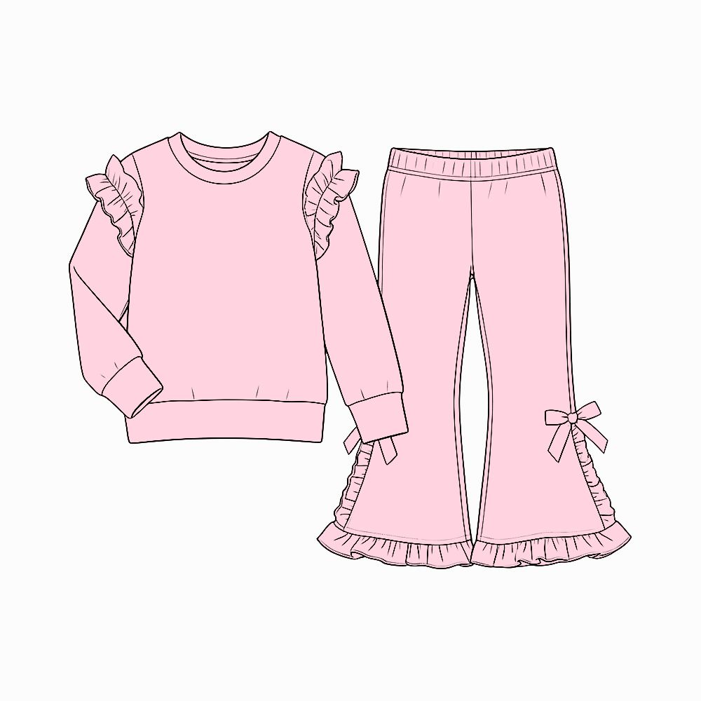 ( Moq 5 ) Preorder Baby Girls Kids Long Sleeves Ruffle Shirt Bows Pants Pink Set Cotton Clothes