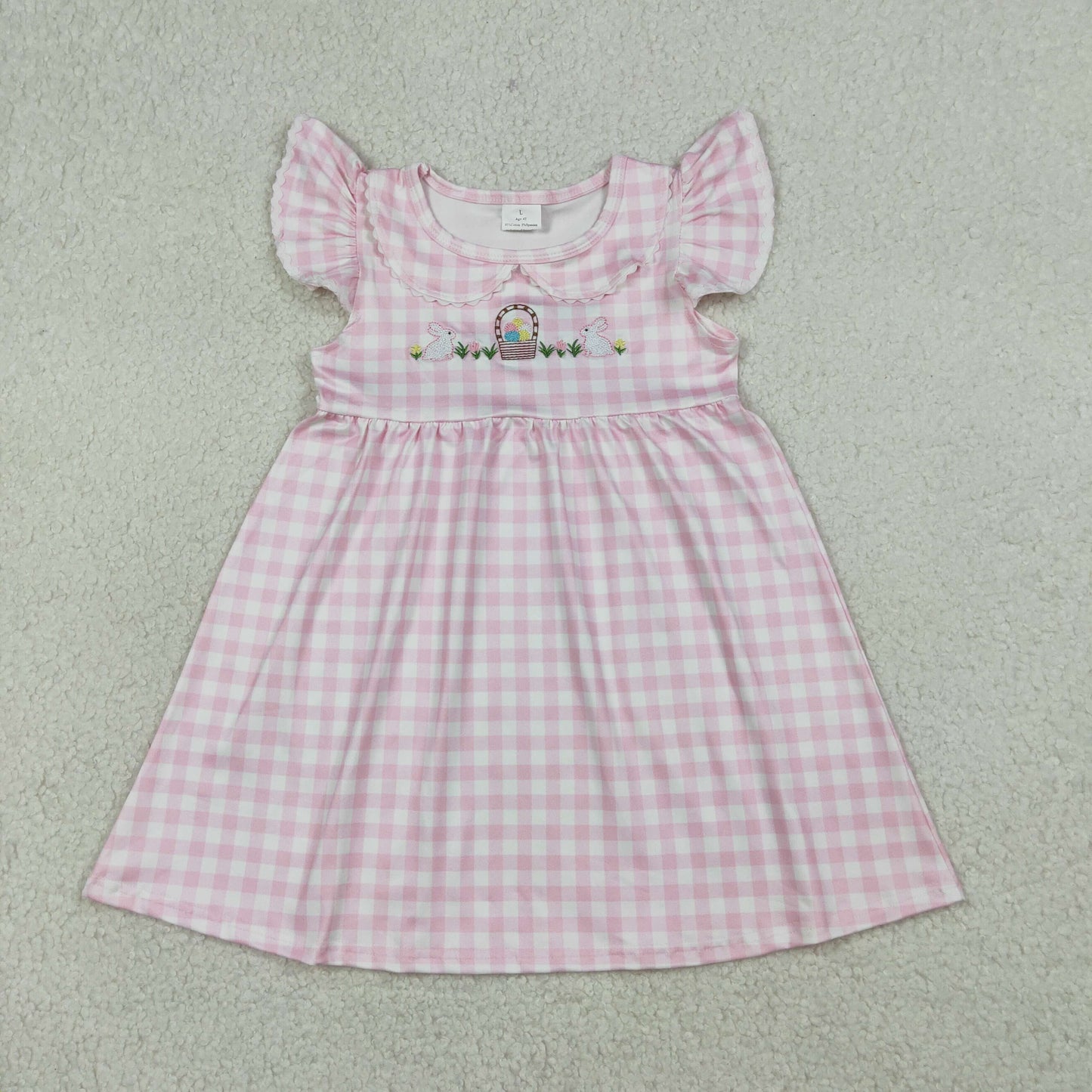 Baby Girls Kids Short Sleeves Embroidery Rabbits Eggs Easter Pink Plaid Dress RTS