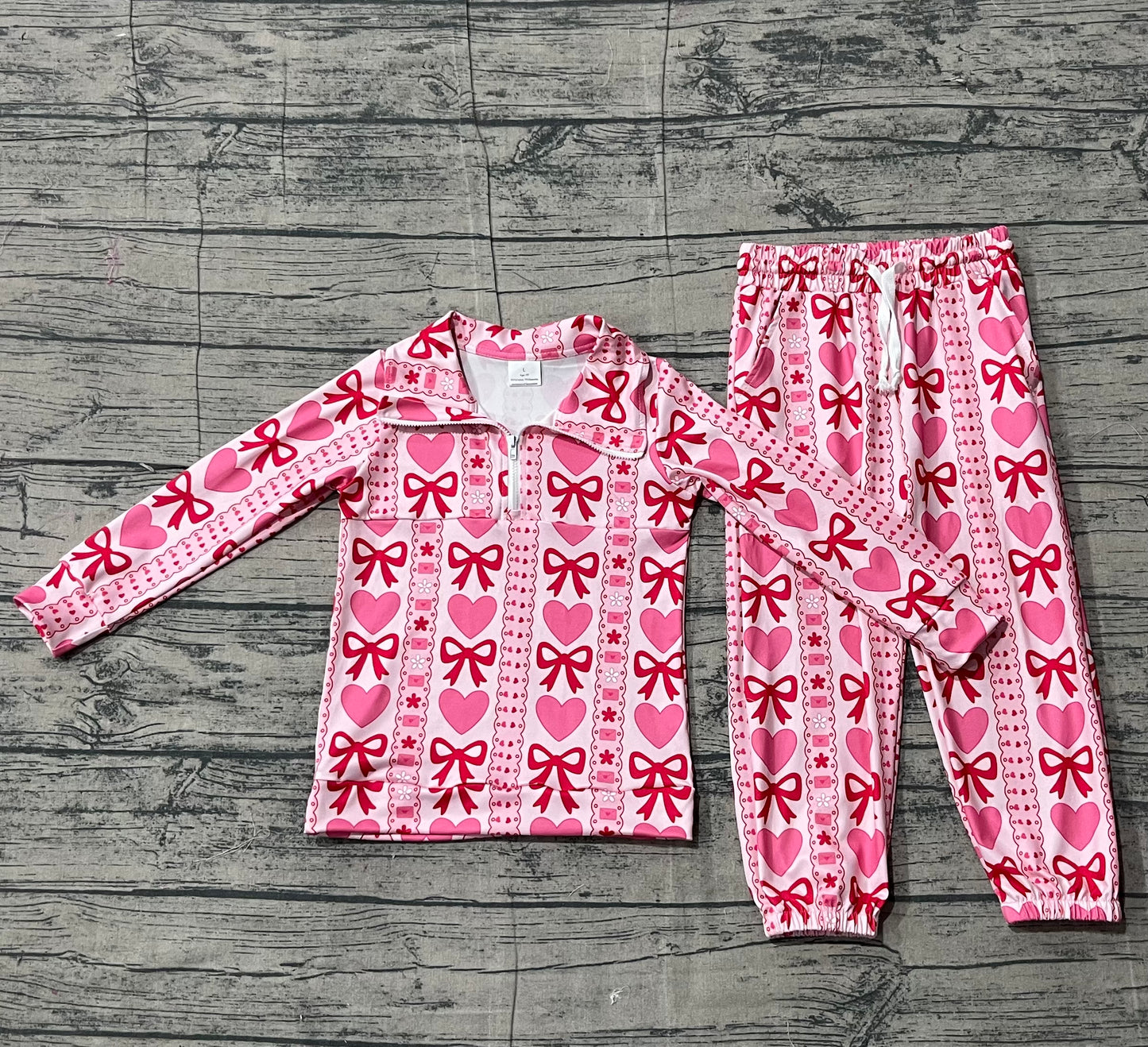 Baby Girls Long Sleeves Bows Hearts Zipper Pullover Pants Valentine Clothes Set RTS