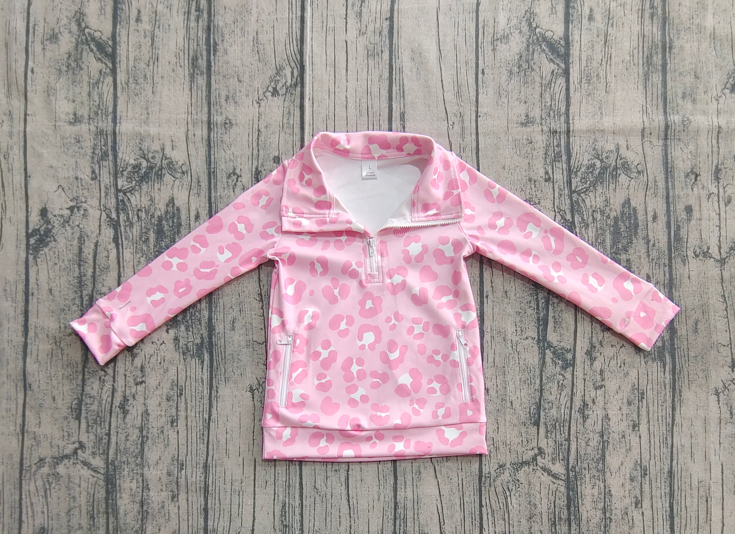 Baby Girl Long Sleeves Pink Leopard Pockets Yoga Active Zipper Pullover Tops RTS