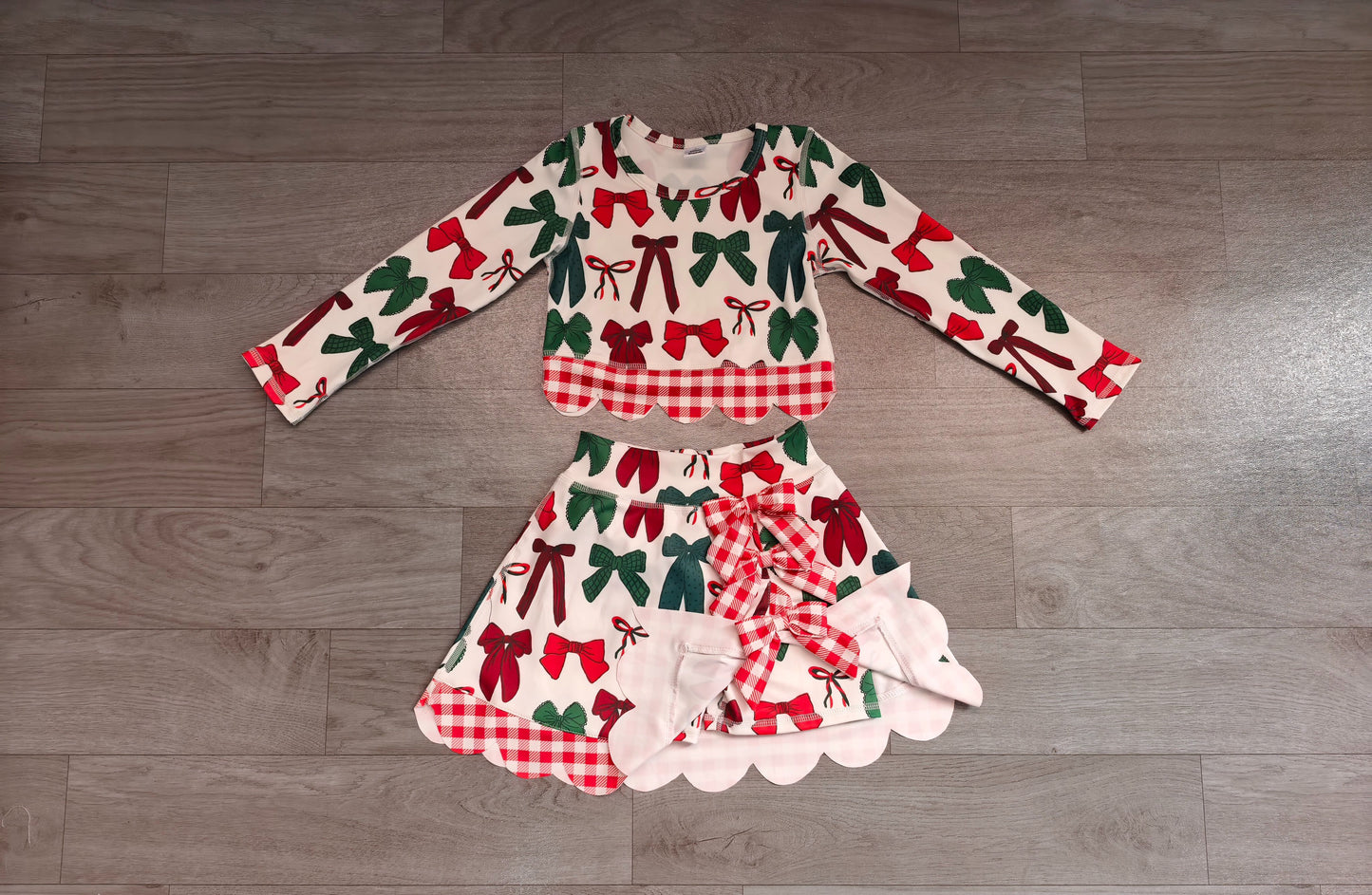 ( No moq ) Preorder Baby Girls Kids Christmas Bows Shirt Scallop Skirt Shorts Yoga Active Set Clothes