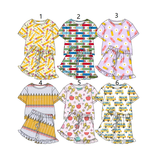 ( Moq 5 Each Style ) Sibling Baby Girls Kids Pencil Shirts Pockets Shorts Back to School Sets