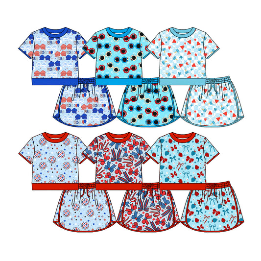 ( Moq 5 Each Style ) Sibling Baby Girls Kids Short Sleeves Shirts Shorts Skirts 4th of July Sets