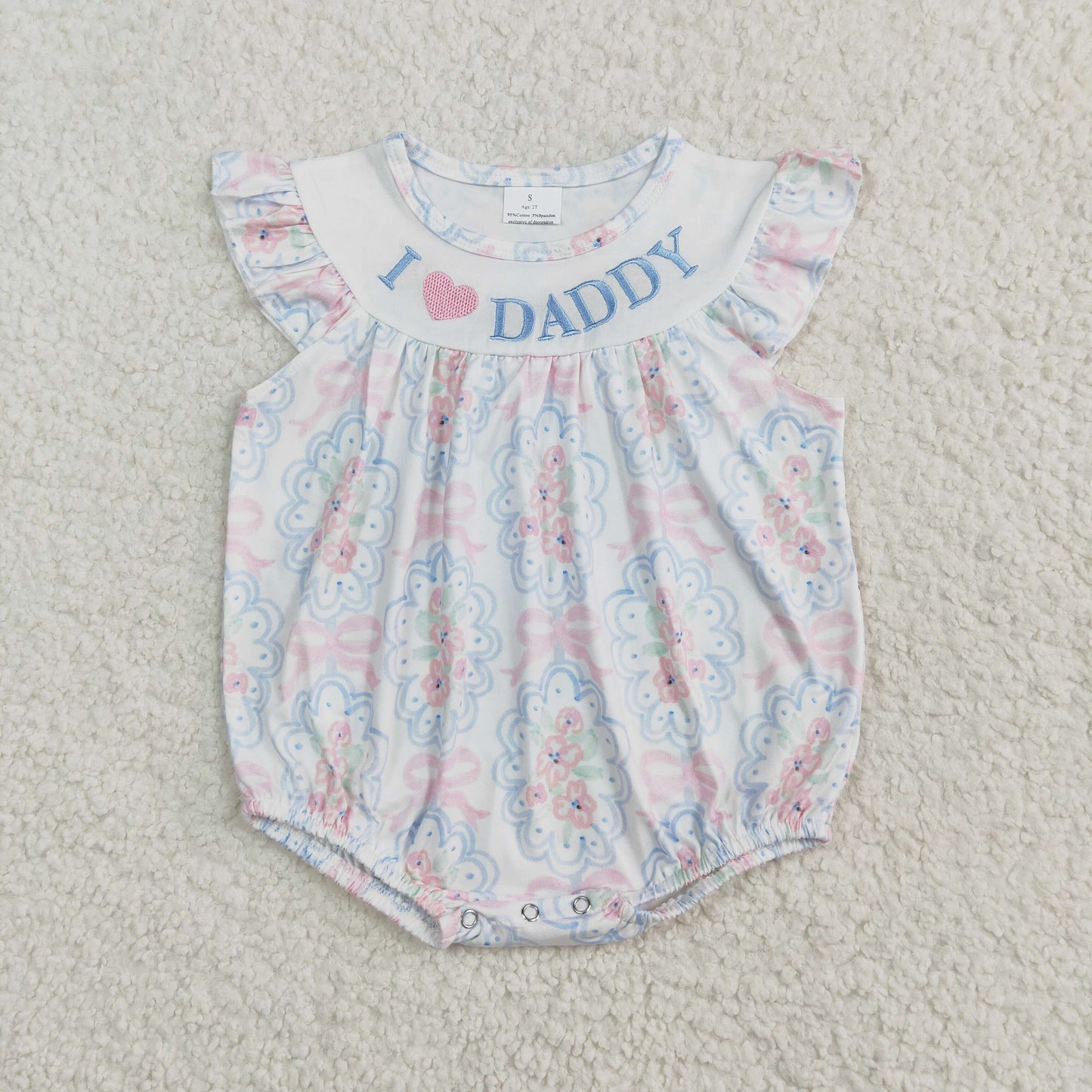 Baby Girl Infant Short Sleeves Embroidery I LOVE DADDY Bows Flower Bubble Romper RTS