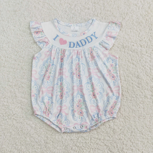 Baby Girl Infant Short Sleeves Embroidery I LOVE DADDY Bows Flower Bubble Romper RTS