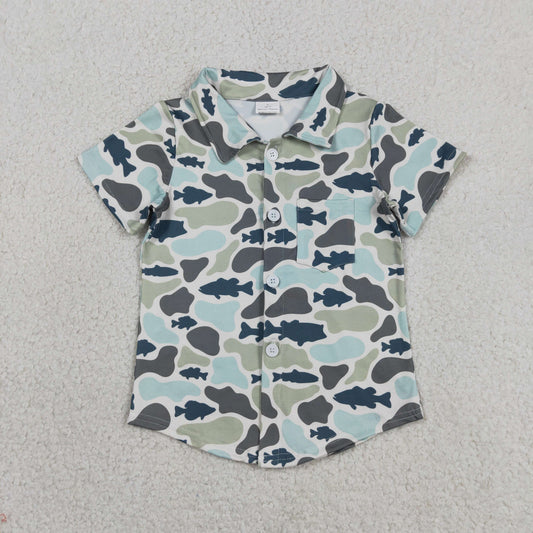 Baby Boys Kids Short Sleeves Buttons Pocket Shirt Tops Fish Camo Clothes RTS