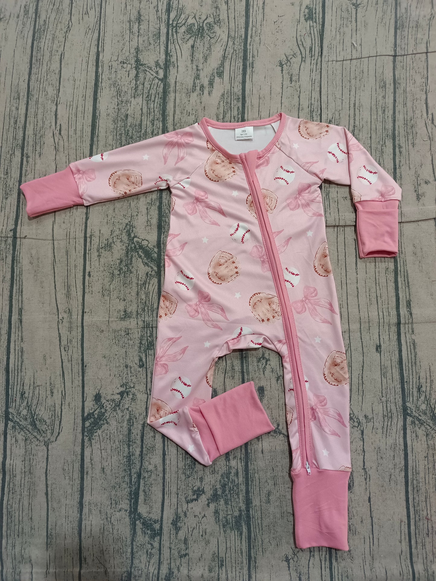 Baby Girls Long Sleeves Baseballs Bows Zipper Sleeper Pink Romper RTS