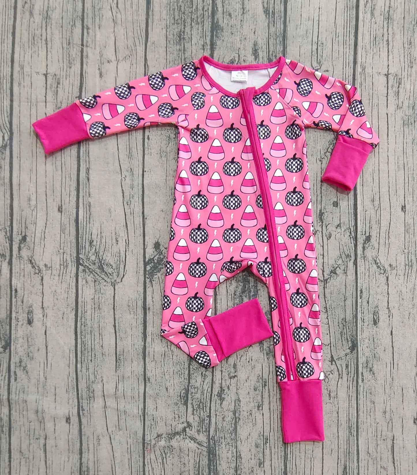 Baby Girl Long Sleeves Pumpkins Candy Corn Zipper Halloween Pink Romper RTS