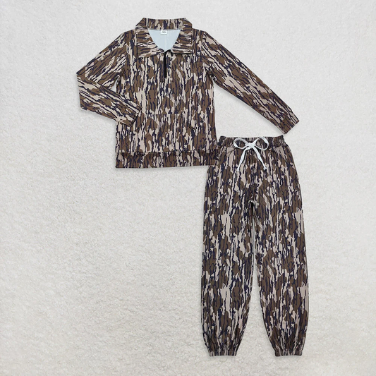 Adult Women Long Sleeves Brown Camo Zipper Pullover Yoga Pockets Pants Clothes Set RTS