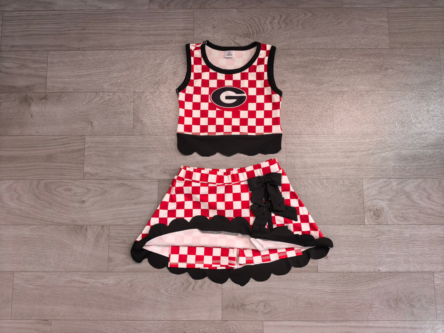 ( No moq ) Preorder Baby Girls Kids Red Checked Shirt Scallop Bows Skirt Shorts Team Set Yoga Active Clothes