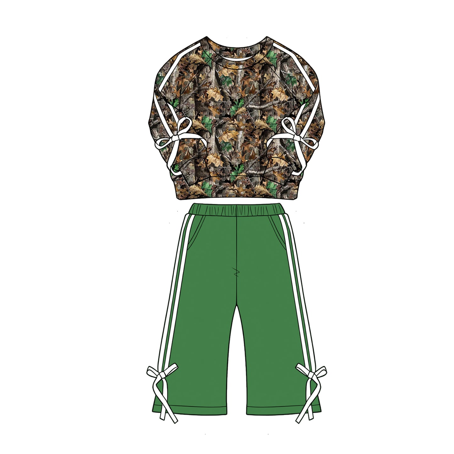 ( Moq 5 ) Preorder Baby Girls Kids Bows Long Sleeves Camo Shirt Green Pockets Pants Set Clothes