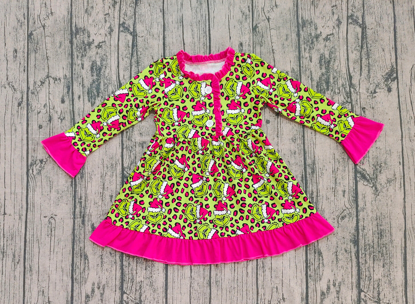 Baby Girl Long Sleeves Green Face Leopard Buttons Christmas Pajamas Gown Dress RTS