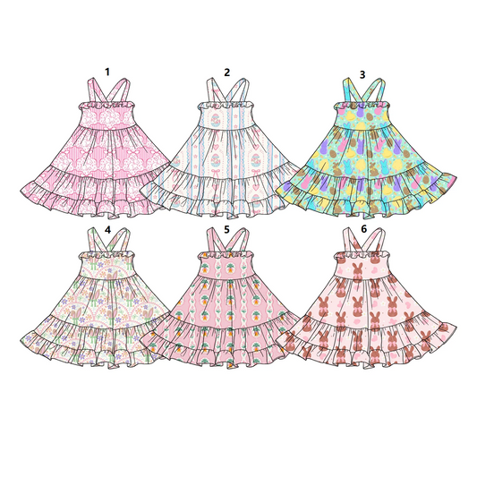( Moq 5 Each Style ) Sibling Baby Girls Straps Rabbits Eggs Carrots Easter Knee Length Dresses