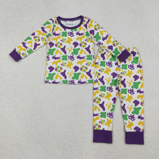 Toddler Kids Long Sleeves Mardi Gras Camo Shirt Pants Pajamas Clothes Set RTS