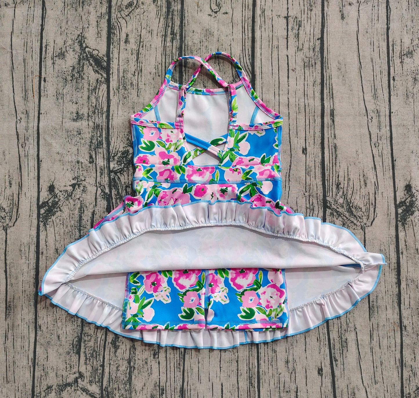 Baby Girl Sleeveless Pink Flower Blue Yoga Active Skort Ruffle Knee Length Dress RTS
