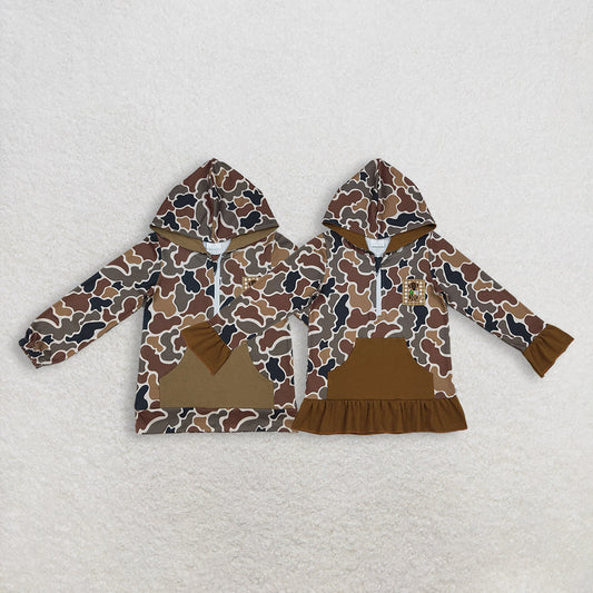 Sibling Baby Boys Girls Embroidery Dogs Ducks Hoodie Zipper Pockets Camo Pullovers Hunting Shirts RTS