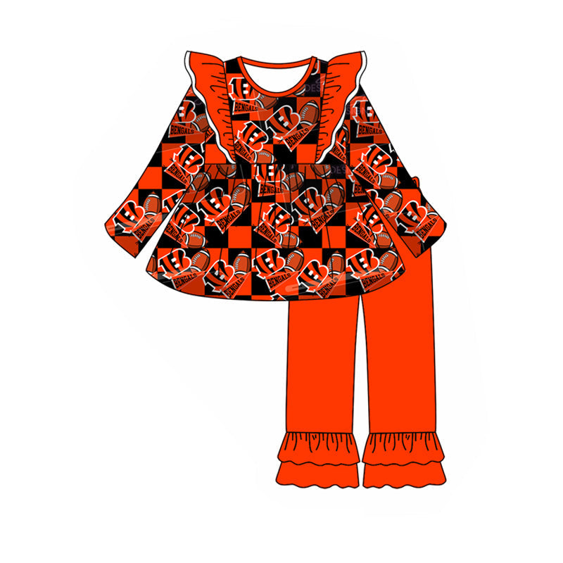 Baby Girl Team Tunic Orange Ruffle Pants Fall Clothes Set Moq 5