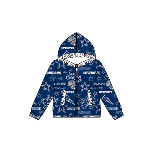 Baby Girl Long Sleeves Cowboys Team Blue Ruffle Hooded Zipper Pocket Coat Shirt Tops Moq 5