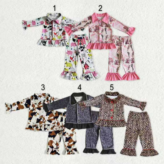 Sibling Baby Girls Long Sleeves Leopard Western Print Buttons Shirt Pants Pajamas Sets RTS