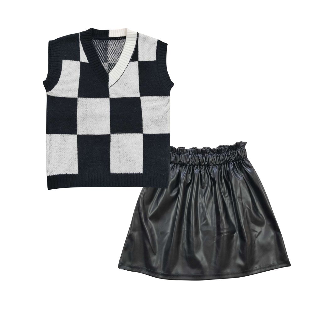 Baby Girl Sleeveless Checkered Sweater Vest Black Pleather Skirt Summer Outfit