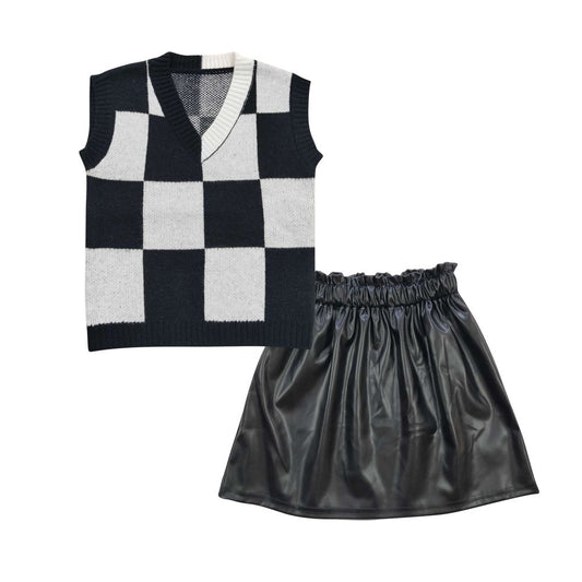 Baby Girl Sleeveless Checkered Sweater Vest Black Pleather Skirt Summer Outfit